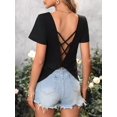 thumbnail image 3 of Womens V Neck Solid Crisscross Back Tee Short Sleeve Backless Summer Blouse For Women, 3 of 6