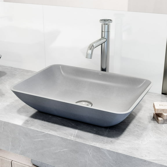 VIGO Concreto Stone Rectangular Bathroom Sink With Vessel Faucet in Chrome