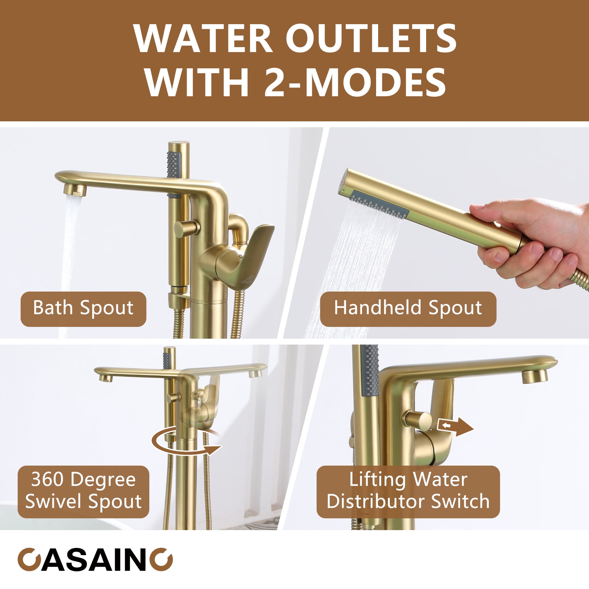 CASAINC Single-Handle Modern Floor Mount Freestanding Bathtub Faucet with Handheld Shower in Brushed Gold