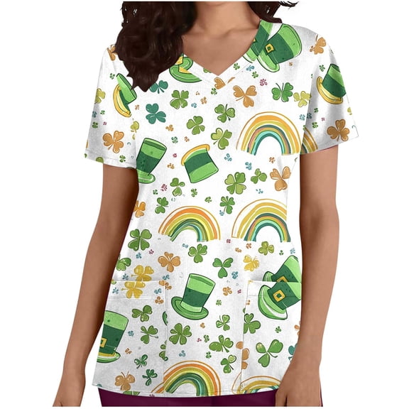 Tnhcen Women's Easter Print V-Neck Nurse Scrub Top, Floral Medical Uniform with Pockets, Loose Fit Healthcare Work Shirt, Soft Scrub Tee S-5XL