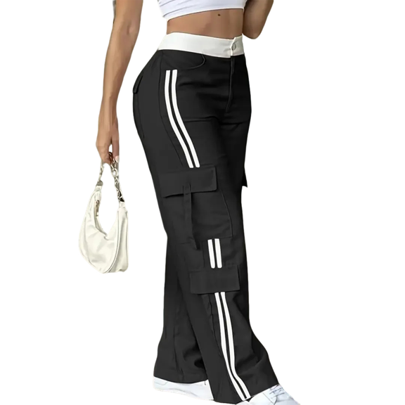 Women's Fashion Side Striped Straight Leg Pants Elastic Waist With Pockets Casual Sports, Black, Size L