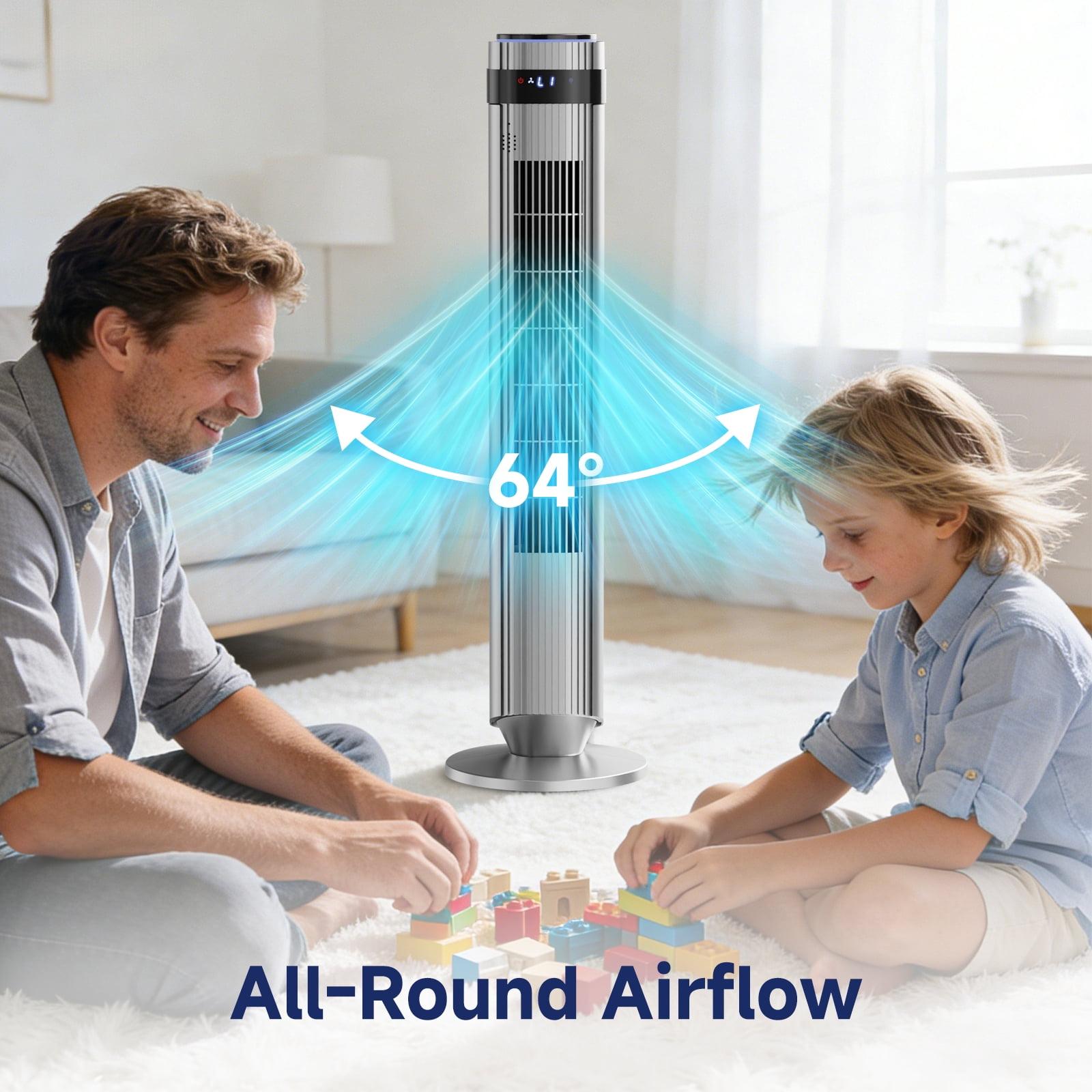 JIOABL Bladeless Tower Fan: 5 Speed Settings, 4 Modes, 25Ft/s Breeze, & Customizable Timer for Peaceful Sleep & Optimal Airflow, Gray