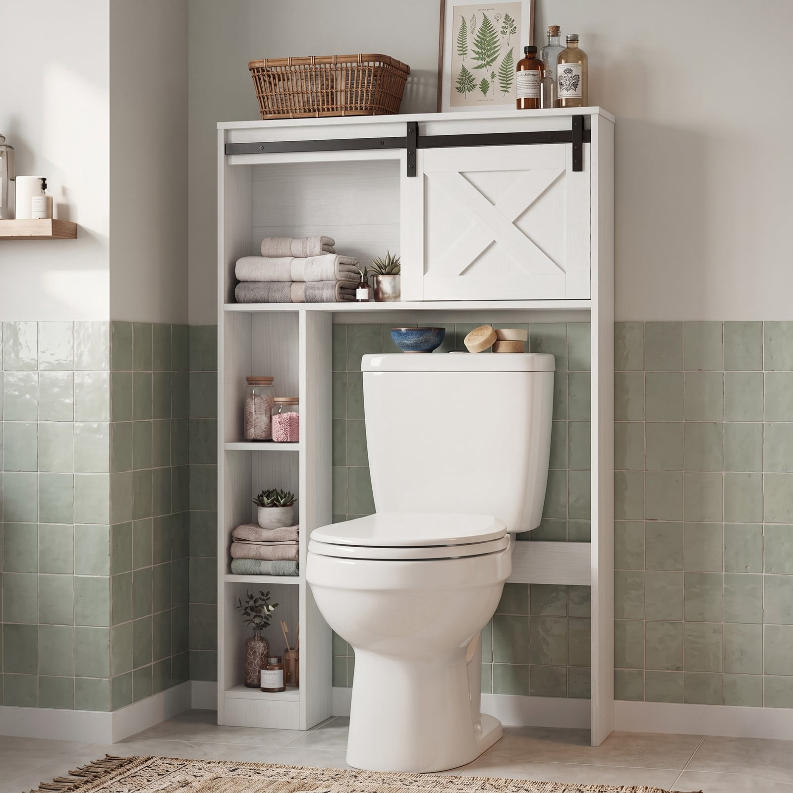 ALPULON 4-Tier Over the Toilet Storage Cabinet with Sliding Barn Door and Open Side Shelves for Bathroom and Laundry Room, White