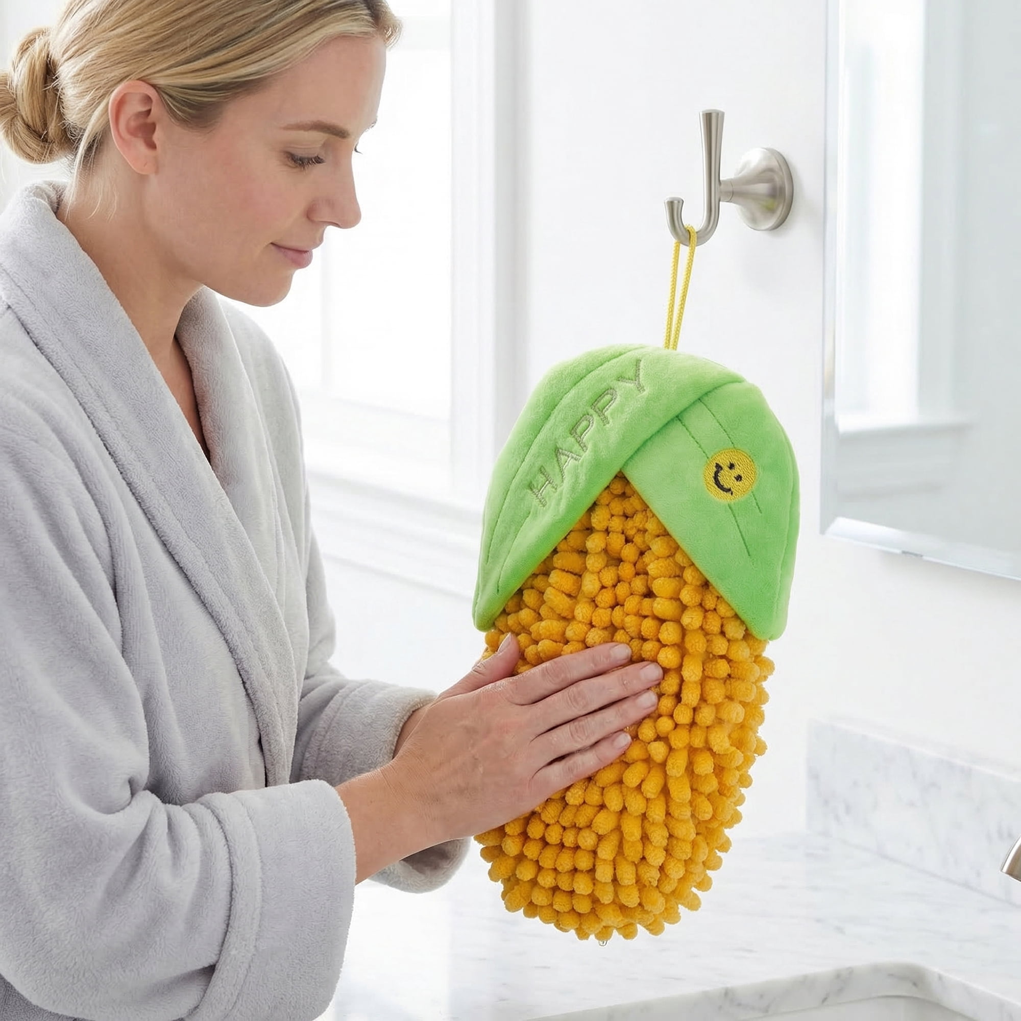 Unique Bargains Cute Corn Shaped Chenille Hanging Soft Absorbent Hand Towel Yellow 8" x 5"