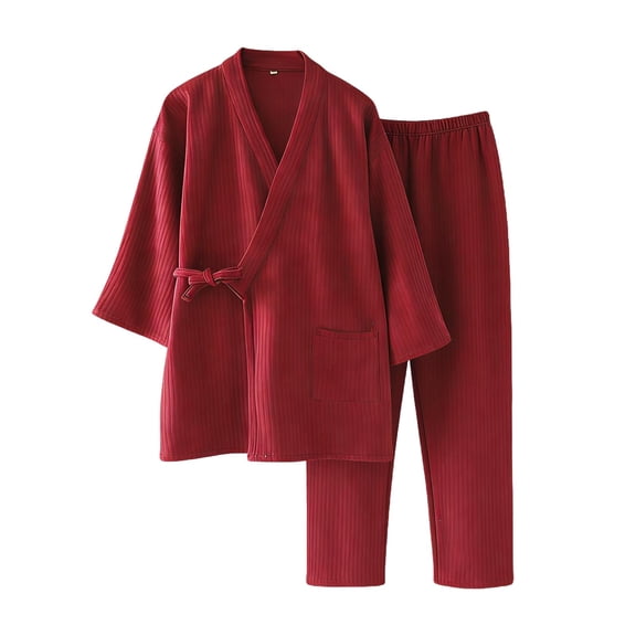 MOJOGO Men's Pajamas Set Solid Color Long Sleeve Kimono Robe with Pants Spa Sauna Bathrobe Sleepwear Set Loungwear Suit Wine L