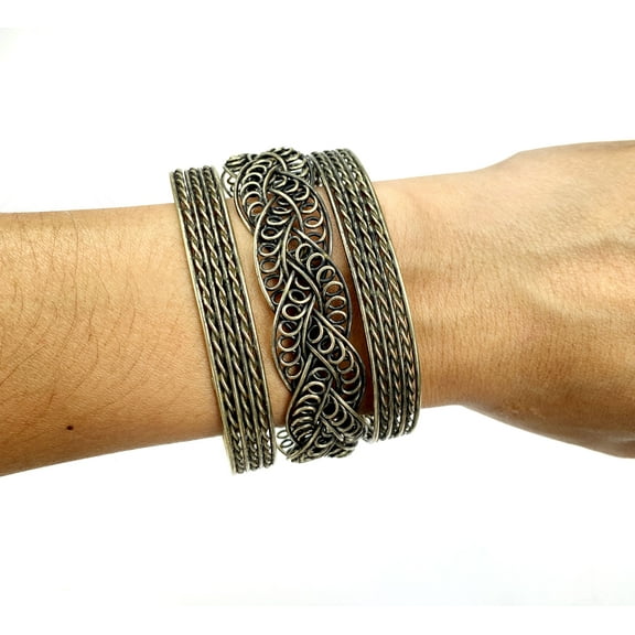 Vintage Antique Golden Textured Woven Braid Arm Band Wide Wrist Open Cuff Bangle Adjustable Bracelet – Bangle-005G