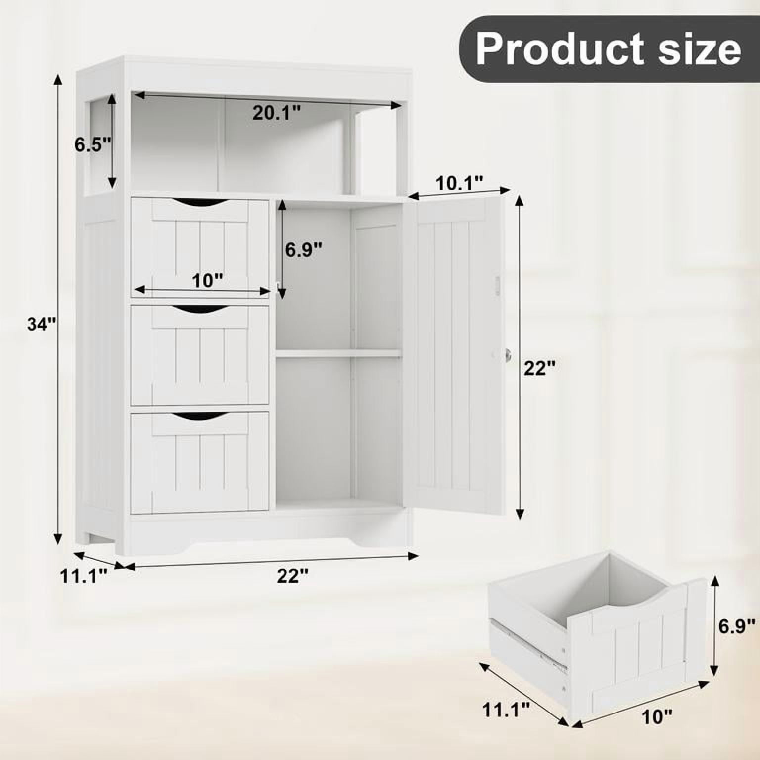 Lacoo Bathroom Cabinet Wooden Storage Organizer with 1 Door, 3 Drawers & Adjustable Shelf Storage Cabinet for Kitchen Living Room Bathroom, White