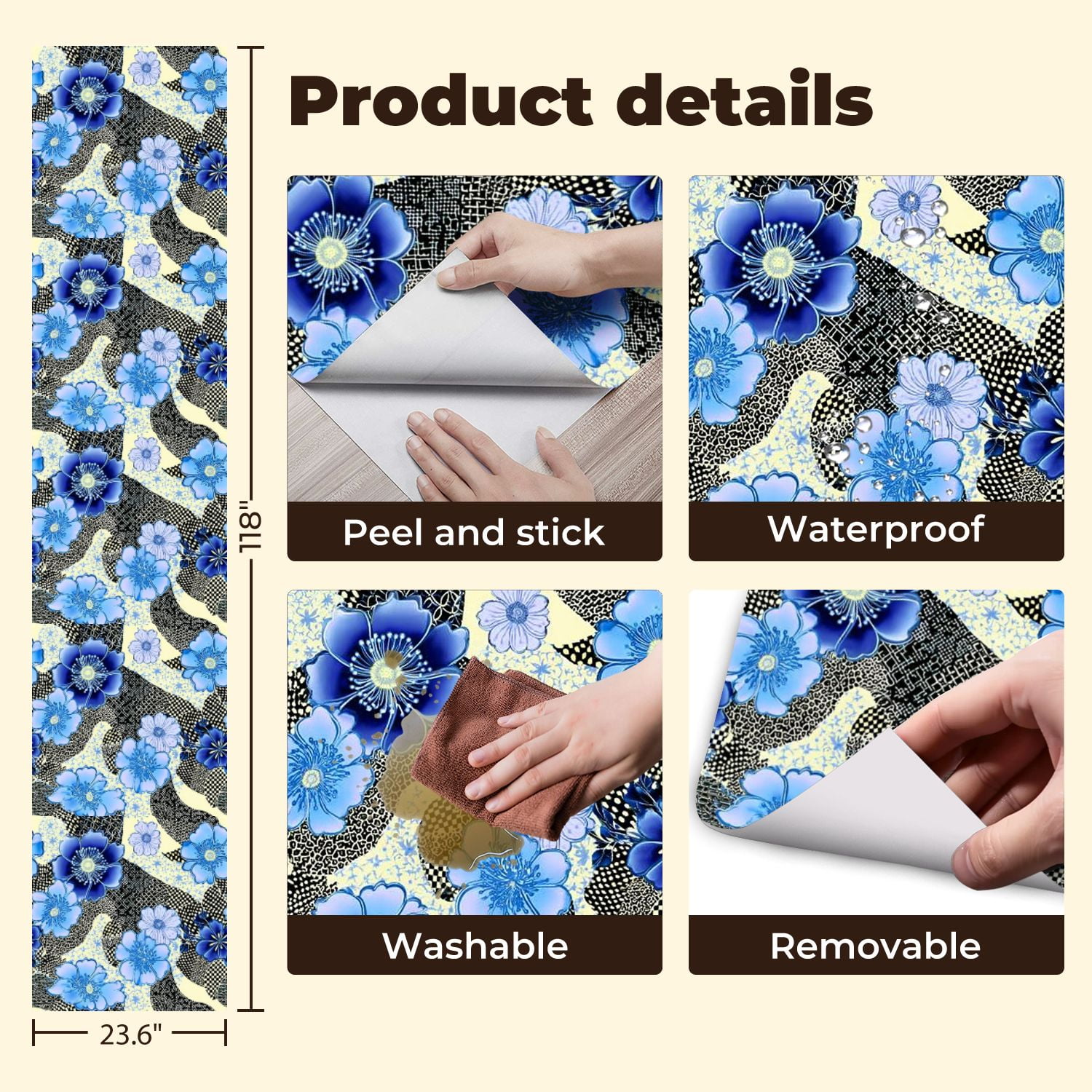 Peel and Stick Wallpaper 23.6in x 9.8ft Blue Floral Blossom Abstract Geometric Shapes Textured Contact Paper Vinyl Self-Adhesive Removable Wall Paper for Bedroom Bathroom Renter Friendly