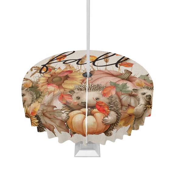 Fsddascl Hello Fall Outdoor Tablecloth - 60 Inch Round Dining Table Cover, Hedgehog Pumpkins Maple Leaf Rustic Waterproof Outdoor Table Cloth with Umbrella Hole & Zipper for Picnic/Patio/Party
