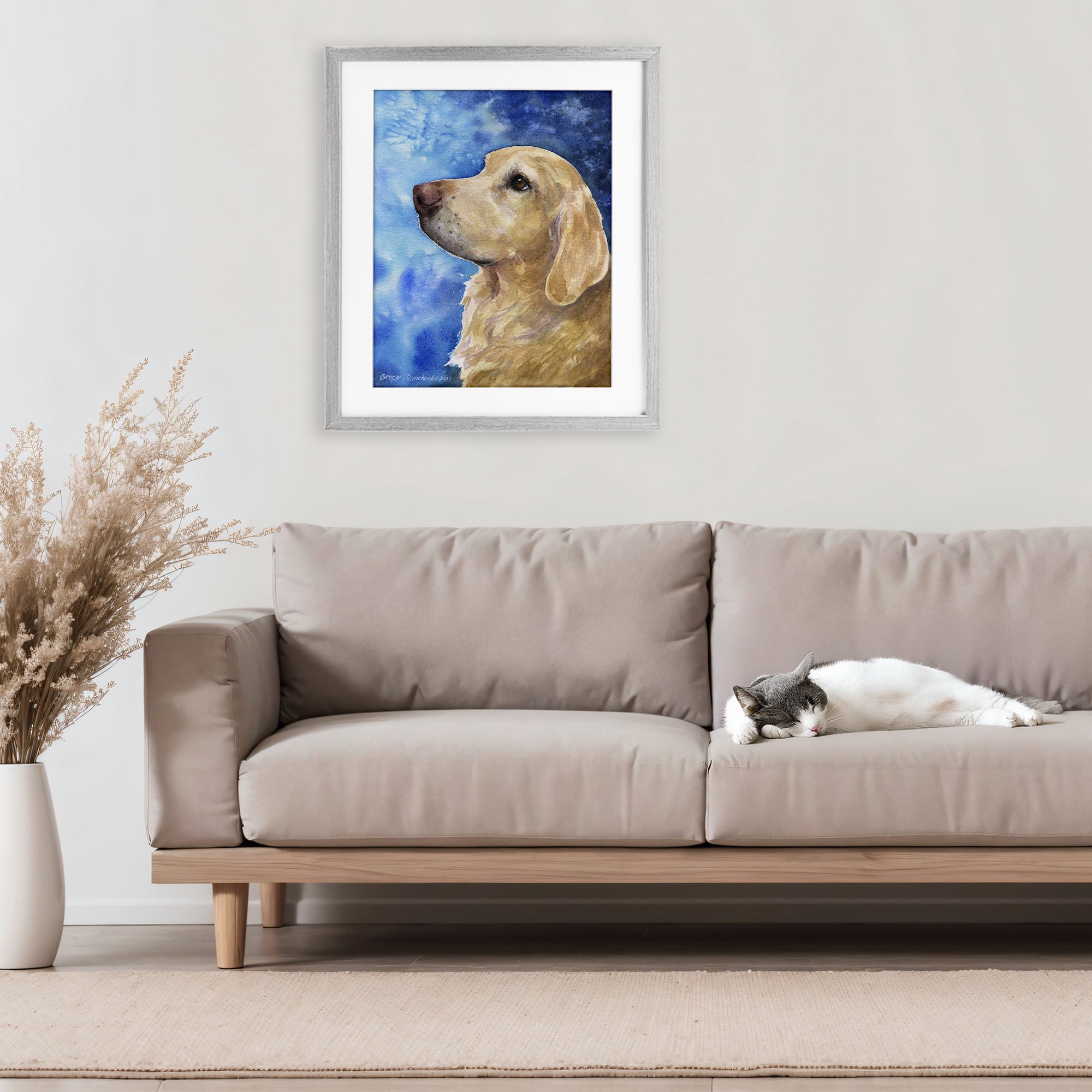 Stupell Industries Golden Retriever Portrait on Azure Gray Framed Print Under Glass, design by George Dyachenko
