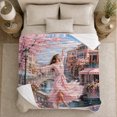thumbnail image 5 of Canal Bridge Ballerina with Pink Blossoms, Romantic Impressionist Style for Ballet Lovers, Birthday Gift, Cozy Flannel Blanket for Bedroom and Living Room, Home Decor, 5 of 9
