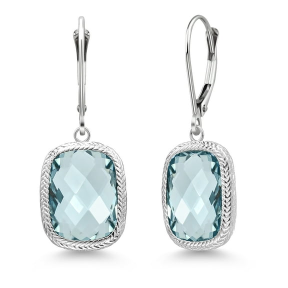 Gem Stone King 925 Sterling Silver Simulated Aquamarine Dangle Earrings for Women (4.60 Cttw, 13X9MM Cushion Checkerboard Cut, Leverback)