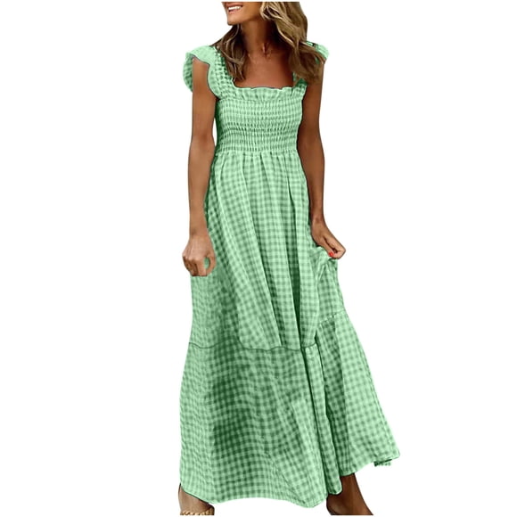 Robe Maxi à Volants Smockée Sans Manches Col Carré Boho Longue Robe d'Été Plage Vacances