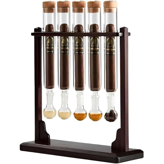Cigar Flavor Injector Humidifier Kit, Handmade DIY Cigar Infuser Glass Tube Set with Wooden Base, Hygrometer & Airtight Caps, Whiskey Rum Aromatherapy Infusion Display for Cigar Lovers(5-tube)