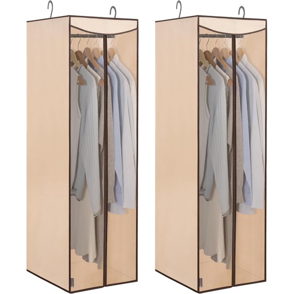 2-Pack Hanging Garment Bag Zipper Cover with Sealed Clear Window, Long Garment Cover for Closet Storage Wardrobe Clothes Protector, Large Garment Storage Bag for Dresses,Suits, Beige