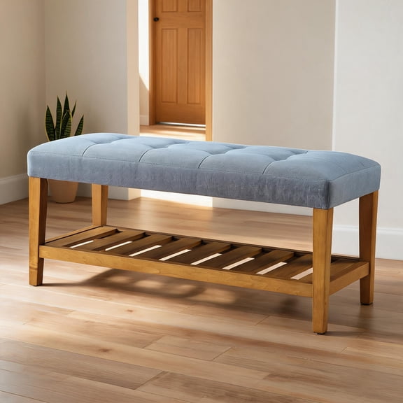 Storage Bench for Entryway, Classic Blue Fabric Wood Frame, 40.5-Inch 2-Seater