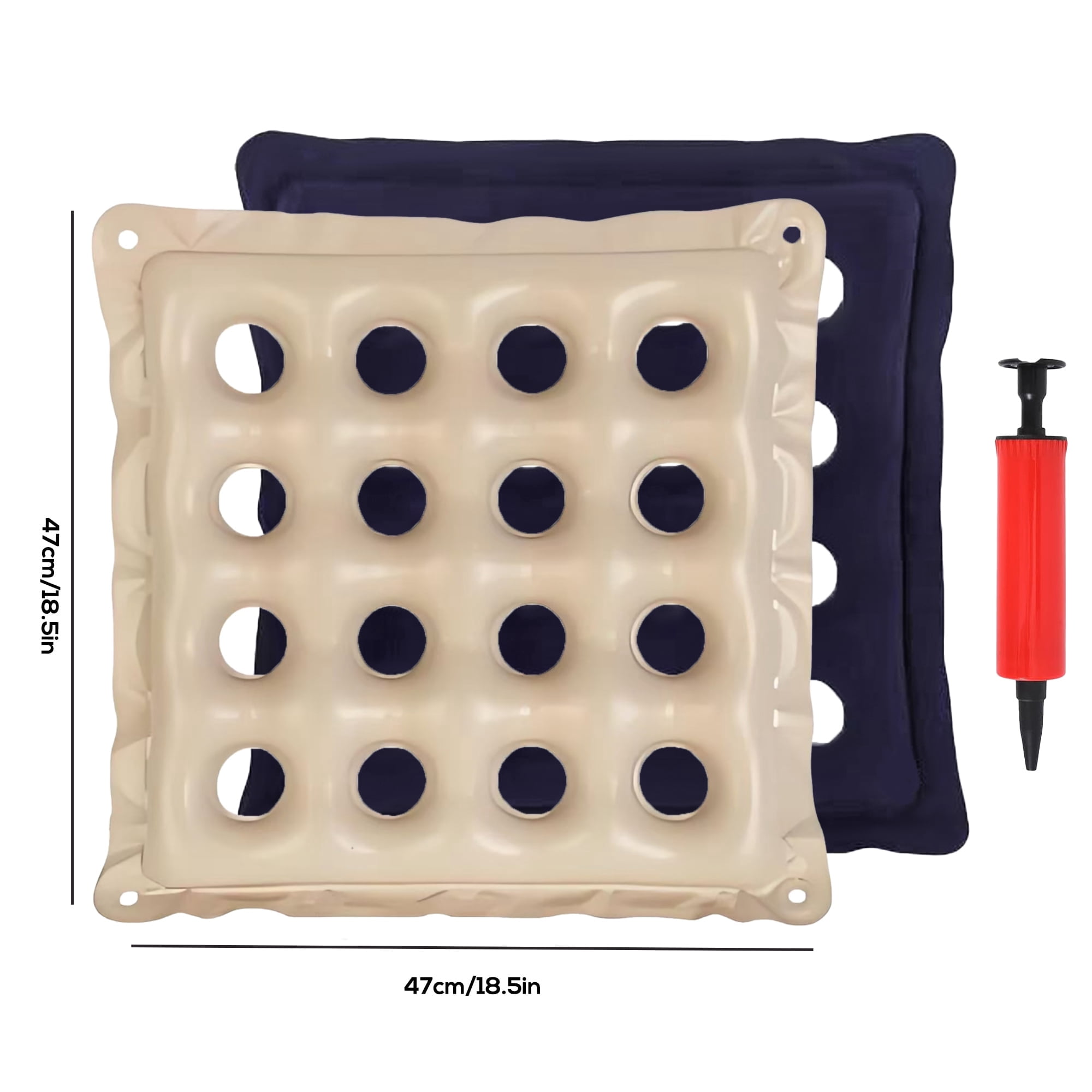 2 Pack Inflatable Seat Cushions,Pressure Relief 16 hole breathable Cushion,for Office Chairs,Car Seats,Wheelchair waterproof Cushions,with Air Pumps,Portable and Comfortable（Flocked Navy+PVC Beige)