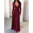 thumbnail image 4 of Female Long Sleeve Maxi Dress V Neck Wrap Waist Formal Long Cocktail Dresses Night Out Outfits Wine Red S, 4 of 8