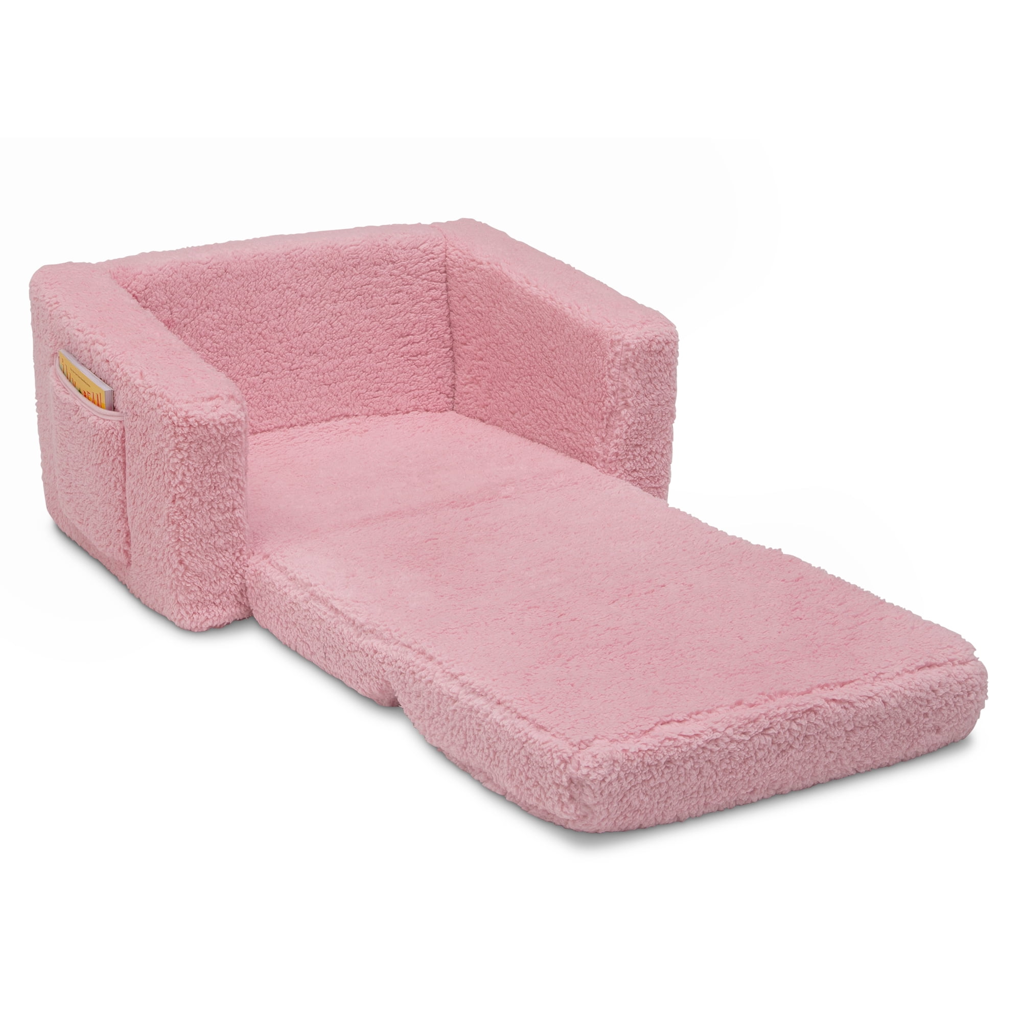 Delta Children Cozee Flip-Out Sherpa 2-in-1 Convertible Chair to Lounger for Kids, Pink
