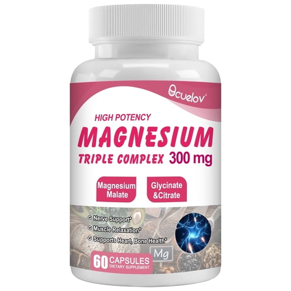 Triple Magnesium Complex - 300mg of Magnesium Glycinate, Malate, & Citrate for Muscle Relaxation, Nerve, Heart & Bone Health - 60 Capsules