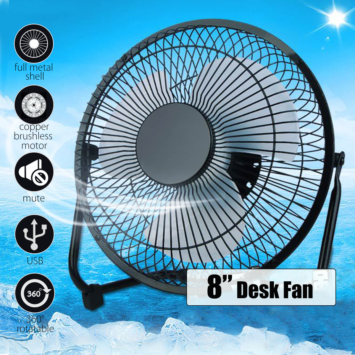 8'' 360° Rotatable Super Wind Speed USB Cooling Fan Cooler Rechargeable