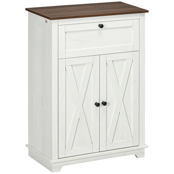 HOMCOM Farmhouse Storage Cabinet, Sideboard with Double Doors, Drawer, and Adjustable Shelf for Kitchen, Bedroom, Living Room, White