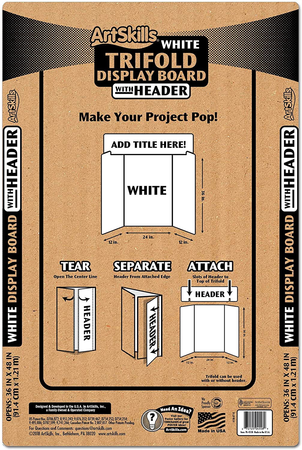 White ArtSkills Corrugate Trifold Display Board With Header 6 Pack 36 x 48 