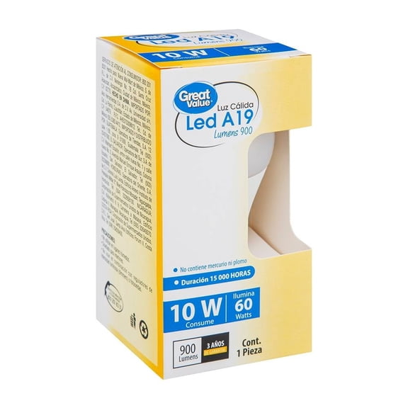 Foco LED A19 Great Value Luz Cálida 10 W