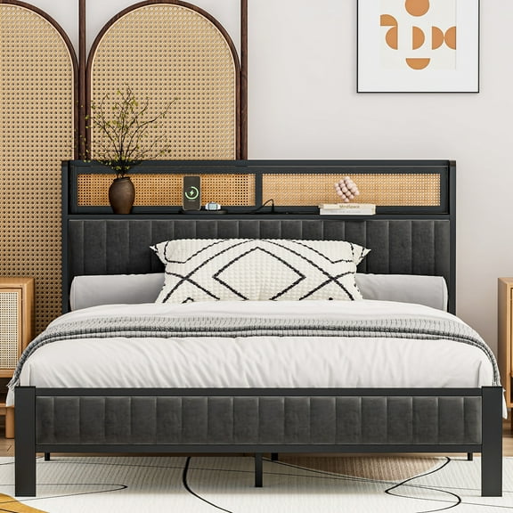Vintage Industrial Bed Frame Twin/Full/Queen size with Charging Station & Storage - USB Ports, Metal Slats, Upholstered Headboard