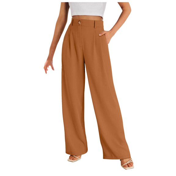 GEWSEY Women Linen Pants Wide Leg Casual Palazzo Pants Cotton Linen Lounge Beach Summer Pants with Pockets 29"/31"/ 33" Yellow, M