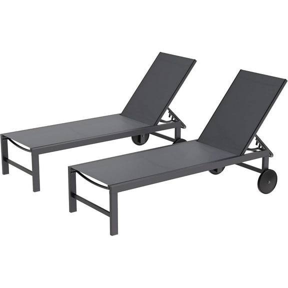 2 PCS Outdoor Chaise Lounges Chair with Wheels Aluminum Reclining Patio Lounge Chairs with 5 Adjustable Position Recliner for Patio, Beach, Yard, Pool Patio Furniture Set,Dark Grey