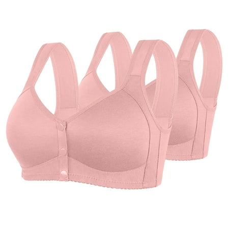REORIAFEE Bras for Women Full Coverage 2 Pack Front Closure Gathered Together Wireless Bras Solid Brassiere Wide Strap Breathable Corset Underwear Comfortable Classic Support Lingerie Pink XXXXXL