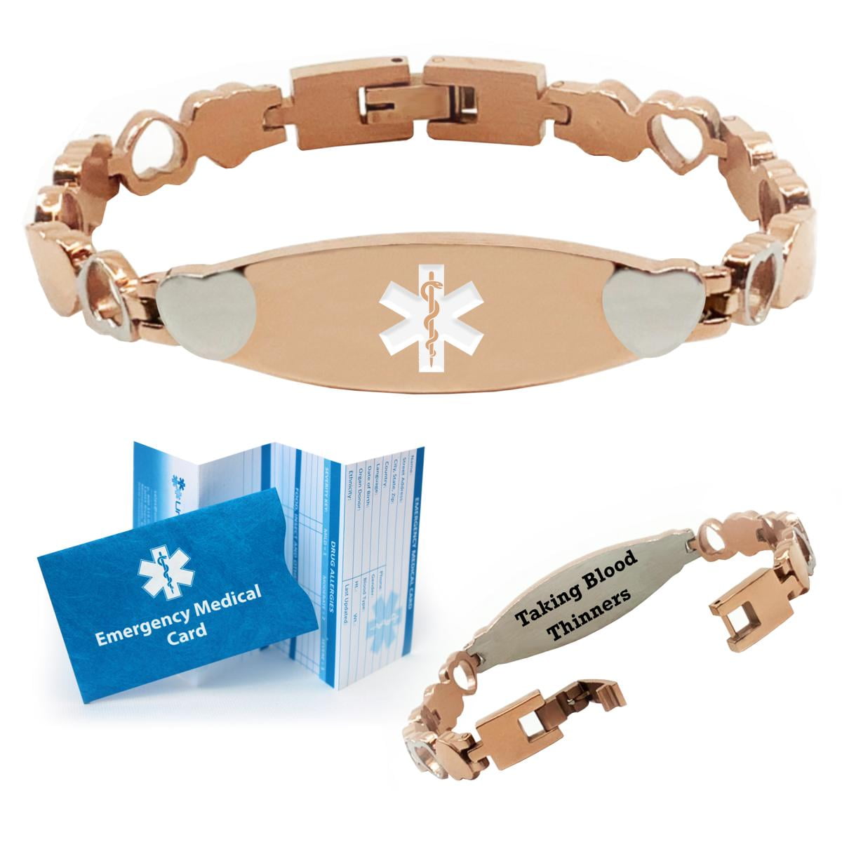 Preengraved "TAKING BLOOD THINNERS" Rose Gold Heart Medical Alert Bracelet for Women. Emergency