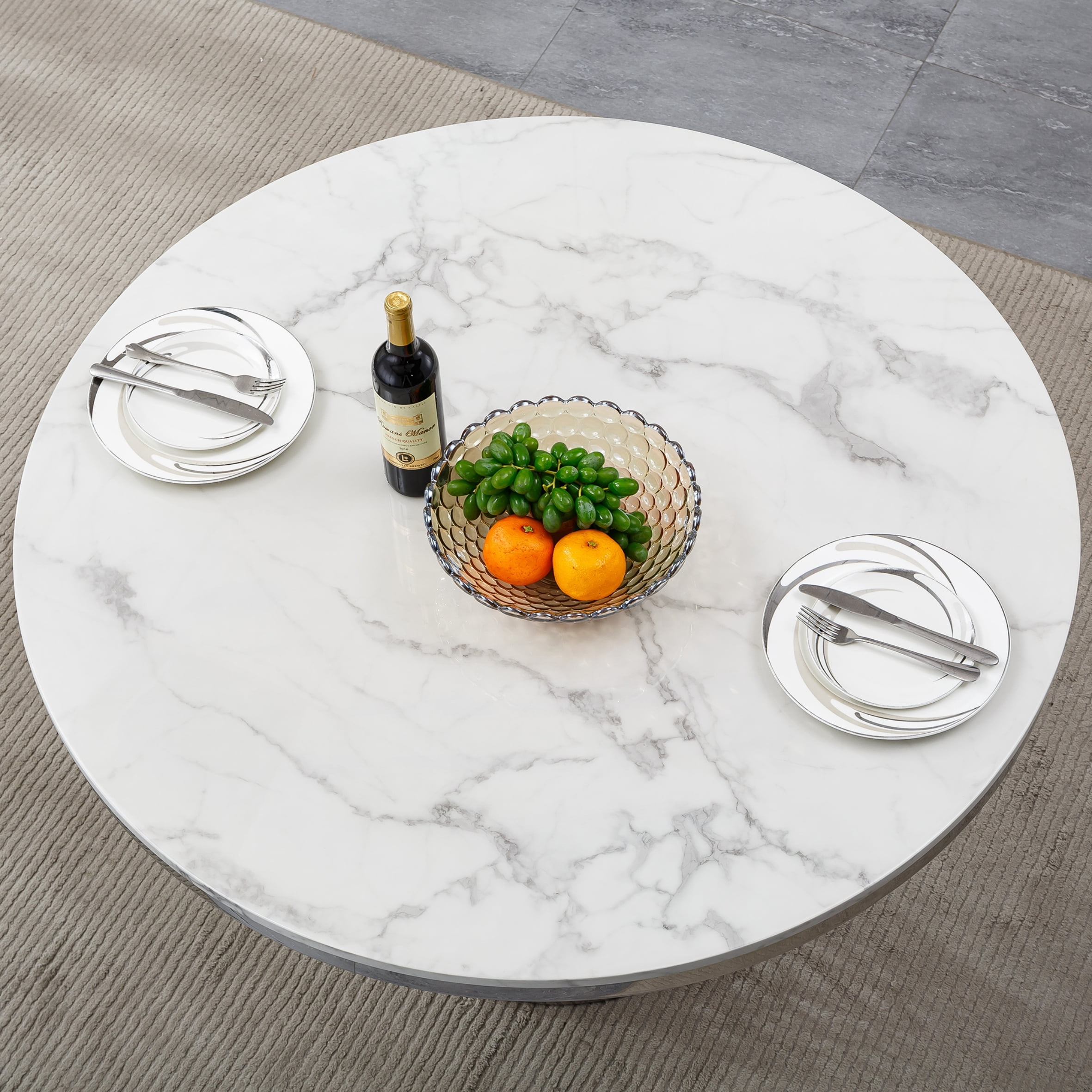 Shikeyi 47" Modern Round Faux Marble Dining Table for 4-6 People, Luxury Silver Stainless Steel Pedestal Base Dinner Table for Dining Room, White (Table Only)