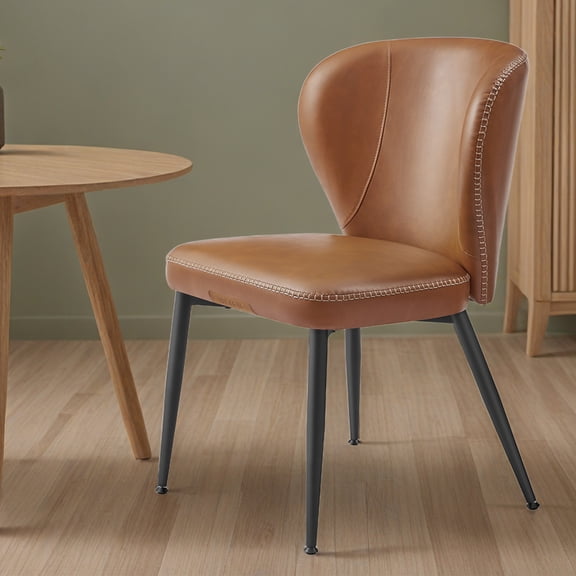 LEDREM Set of 2 Mid-Century Modern Dining Chairs, Upholstered Kitchen Chairs with Synthetic Leather & Stitching, Award-Winning Design, Caramel Brown