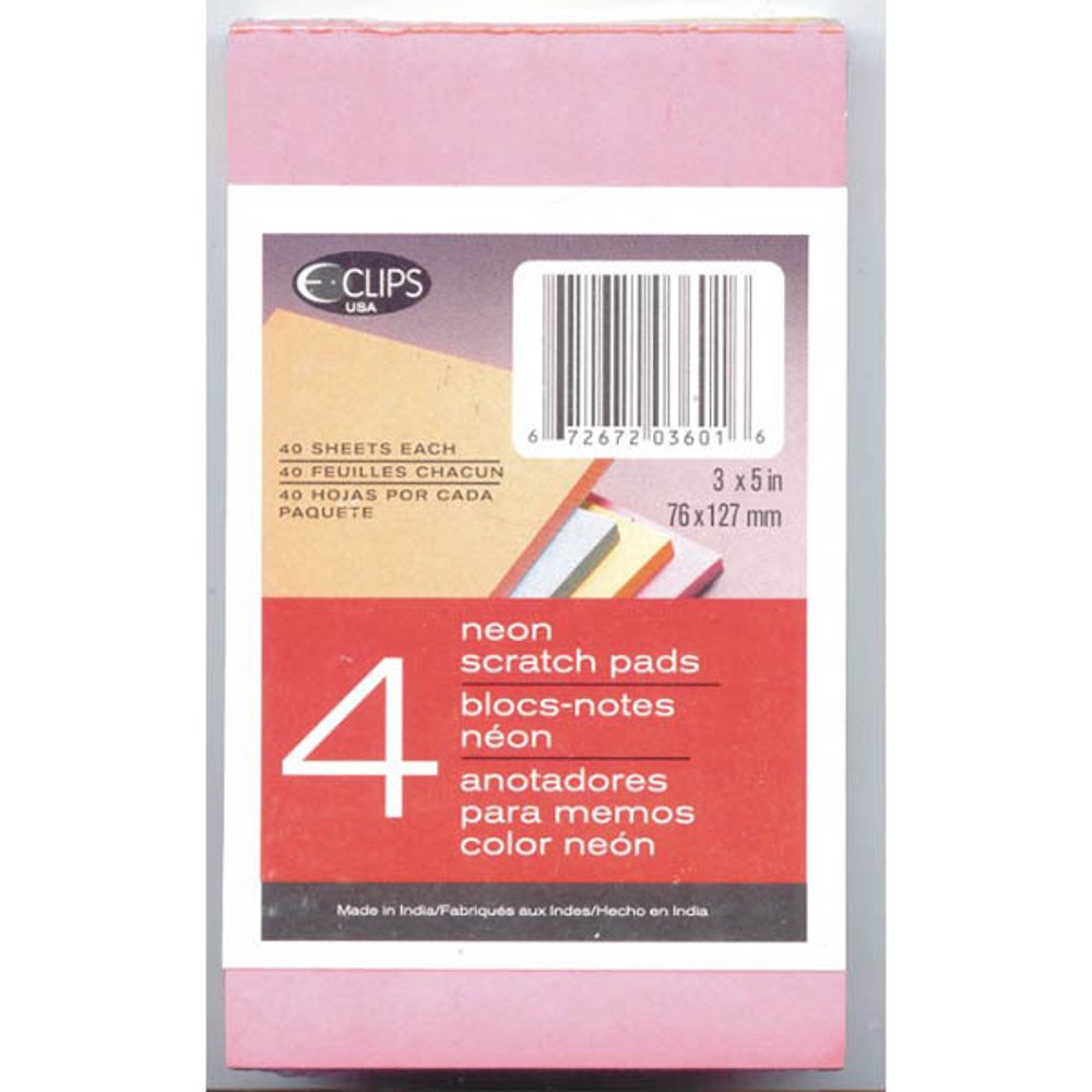Neon Scratch Pads 3" x 5" 4 pack 40 sheets/pad(Pack of 48
