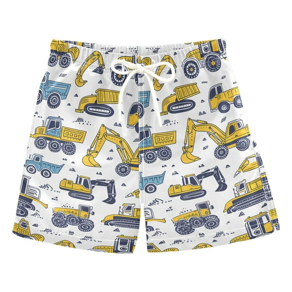 joogoo Boys Swim Trunks Cartoon Excavator and Trucks Beach Board Shorts Drawstring Swimsuit M
