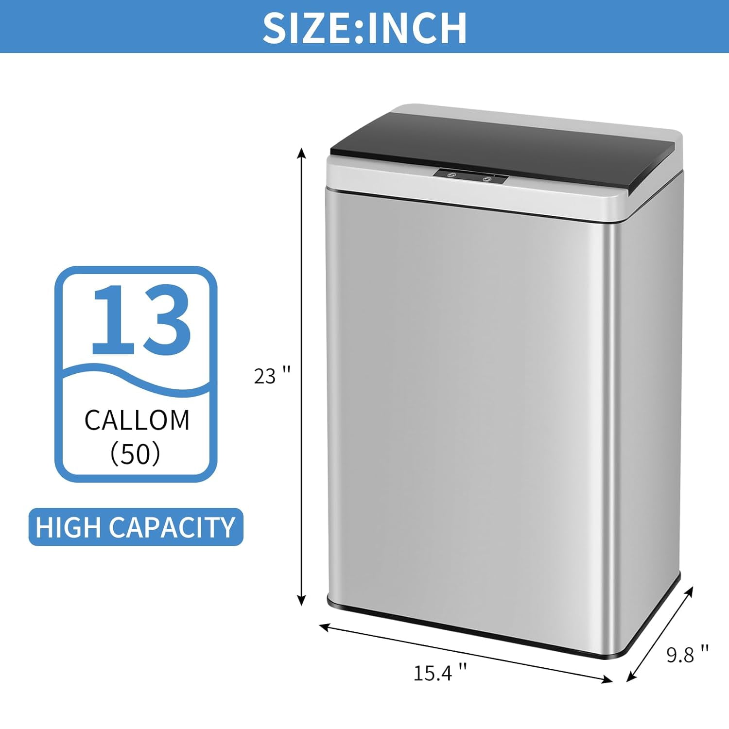 Dkelincs 13 Gallon Stainless Steel Kitchen Trash Can Automatic Touch Free Garbage Can with Lid, Silver
