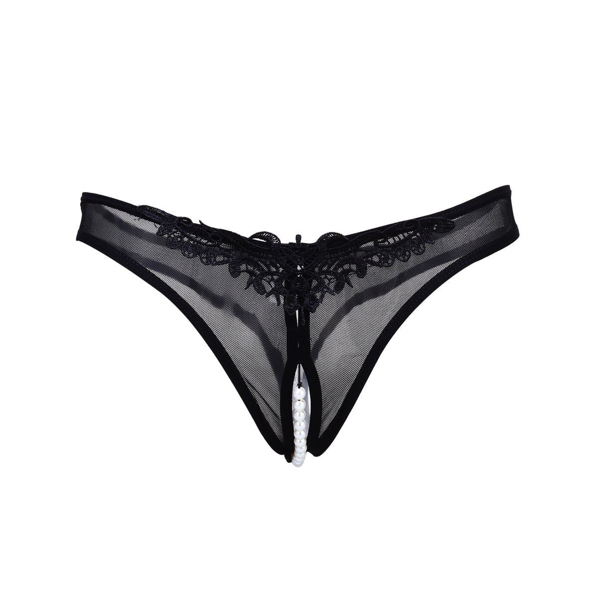 Etereauty Pearl Open Crotch Mesh Briefs Erotic Lingerie Sex Underwear for Women (Black)