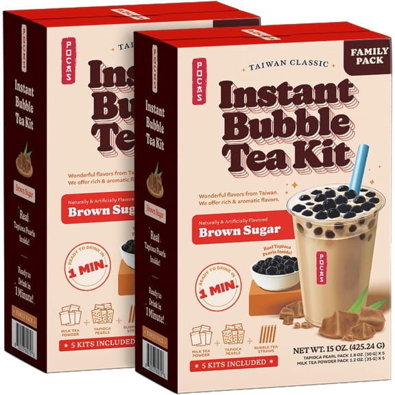 Pocas Bubble Tea Kit, Brown Sugar 2-Pack – Instant Milk Tea Powder with Authentic Tapioca Pearls for Instant Bubble Tea, 10 Kits