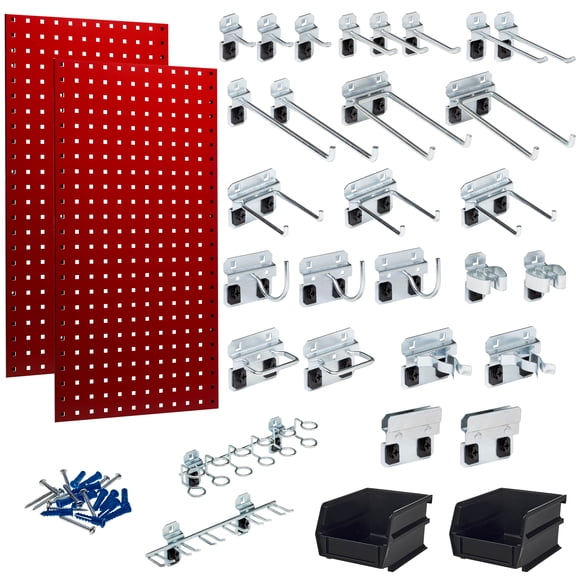Triton Products (2) 18 In. W x 36 In. H Red Steel Square Hole Pegboards with 30 pc. LocHook Assortment & Hanging Bin System