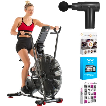 Schwinn 100625 AD7 Airdyne Excersize Bike Bundle with Sealy Personal Deep Tissue Mini Percussion Muscle Massage Gun and Tech Smart USA Fitness & Wellness Suite