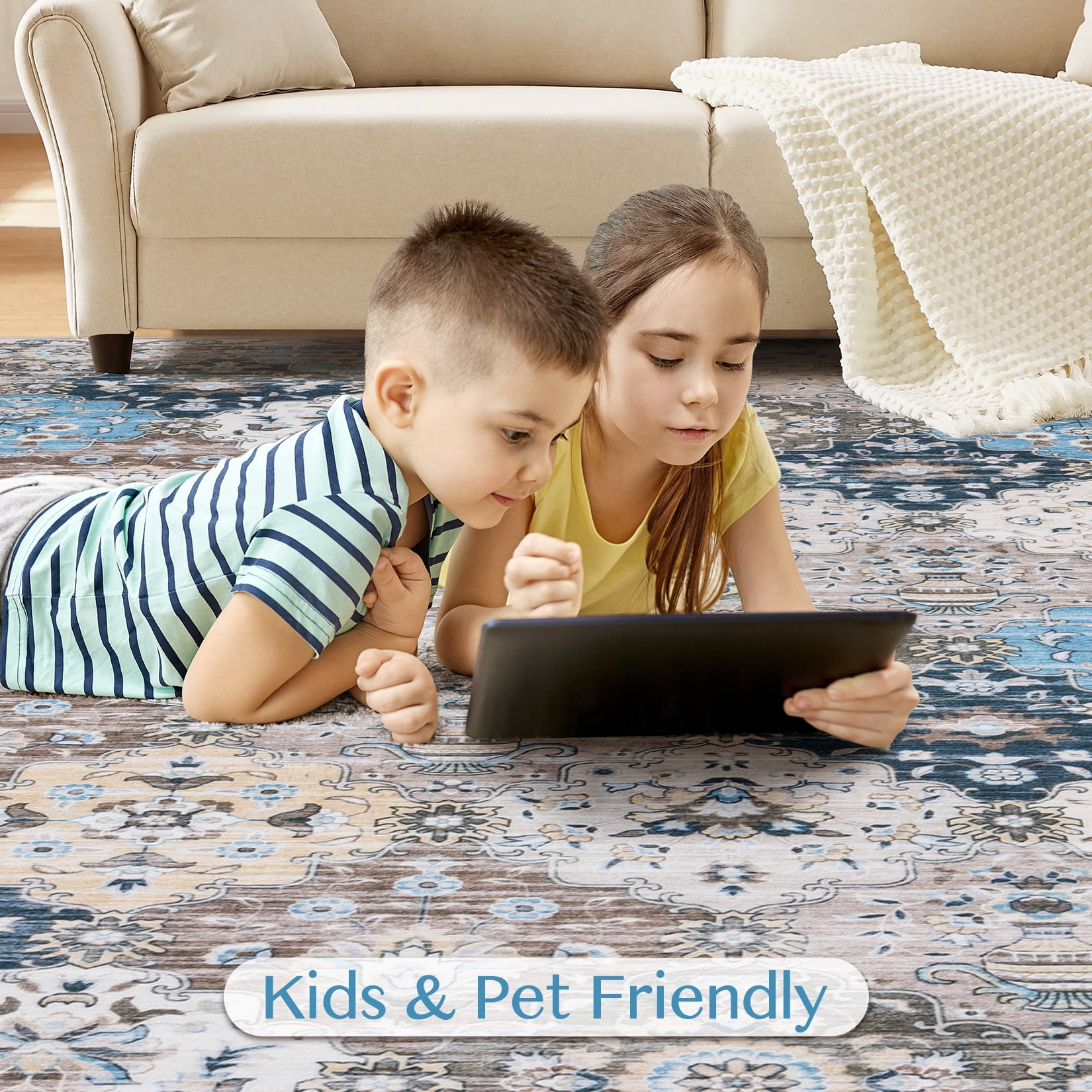 Toyoso 8x10 Area Rug Living Room Rugs - Washable Vintage Floral Soft Thin Large Rug Indoor Floor No Slip Rug Carpet for Bedroom Under Dining Table Home Office Decor - Multi Blue