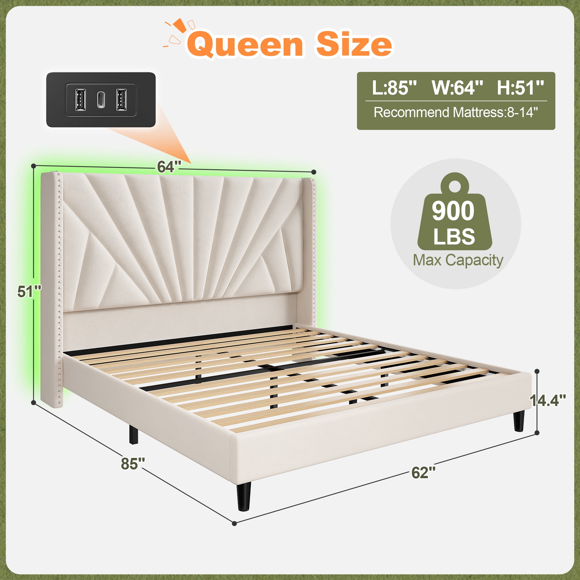 Romorgniz Queen Bed Frame with 51'' Tall Headboard Velvet Upholstered Bed Frame with Charging Station & LED Lights , Beige