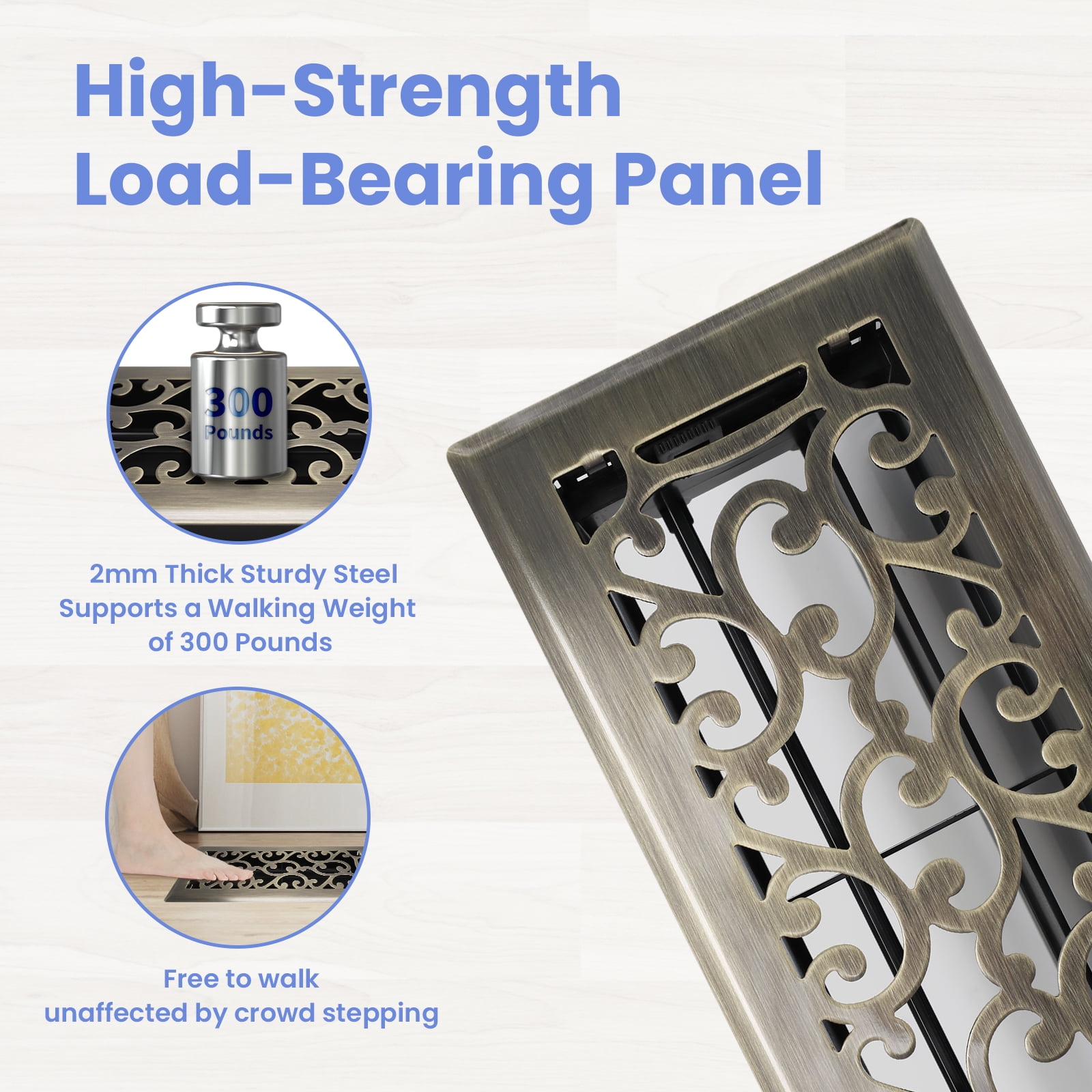 4x10 Inches 6 Pack Heavy Duty Walkable Floor Register - Easy Adjust Air Supply Lever Decorative Floor Vent Covers - Boston Design Vent Covers for Home - Antique Brass