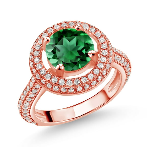 Gem Stone King 18K Rose Gold Plated Silver Ring Round Green Nano Emerald and Moissanite (2.32 Cttw, Size 9)