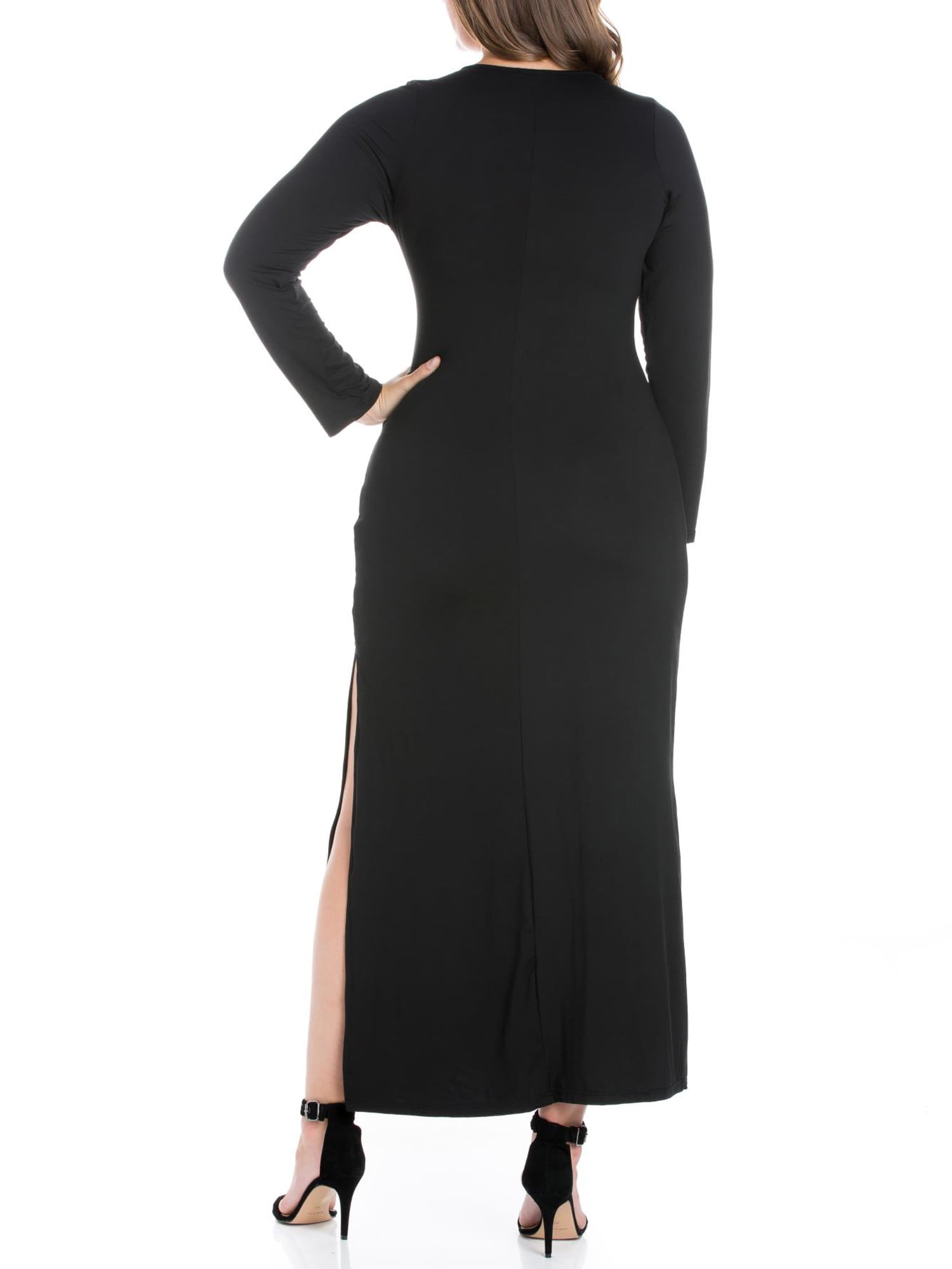 24seven Comfort Apparel Plus Size Long Sleeve Side Slit Fitted Black Maxi Dress