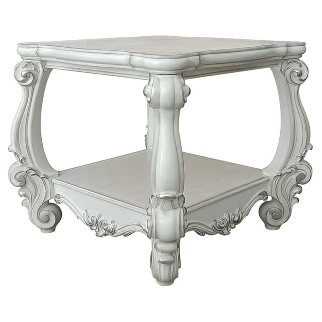 ACME Versailles Square Wood End Table with Bottom Shelf in Bone White