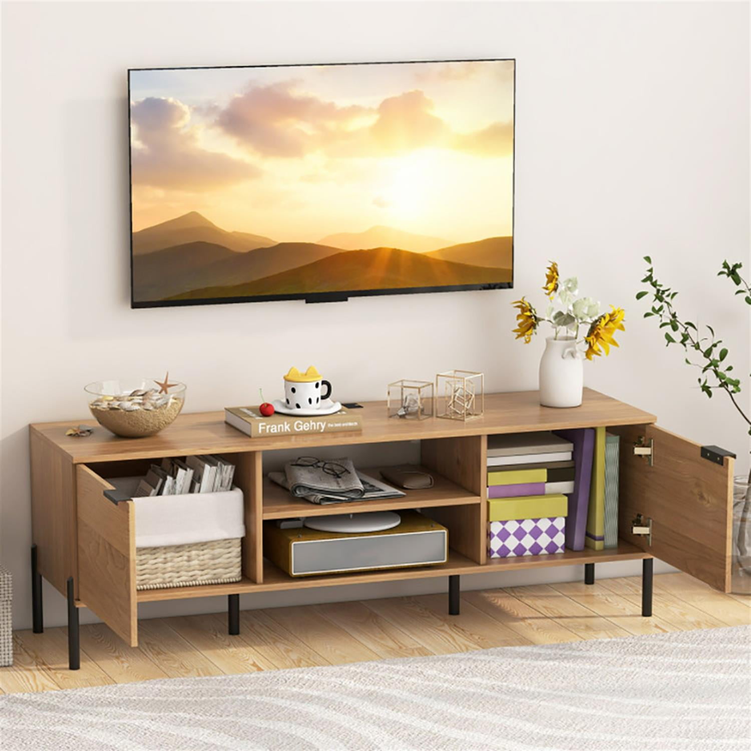 Demi Bonn 2-Door TV Stand for 65" TVs, Entertainment Center with Charging Station and Open Shelves, Modern Media TV Console Table for Living Room Bedroom, Brown