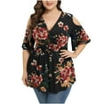 thumbnail image 2 of Njoeus Plus Size Tops for Women, Women's Summer Floral Cold Shoulder Tunic Tops Dressy Blouses Short Sleeve Tunics Casual V-Neck T-Shirts XL-5XL, 2 of 5